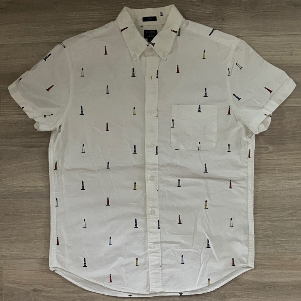White Short Sleeve Men's Shirt with lighthouse Pattern